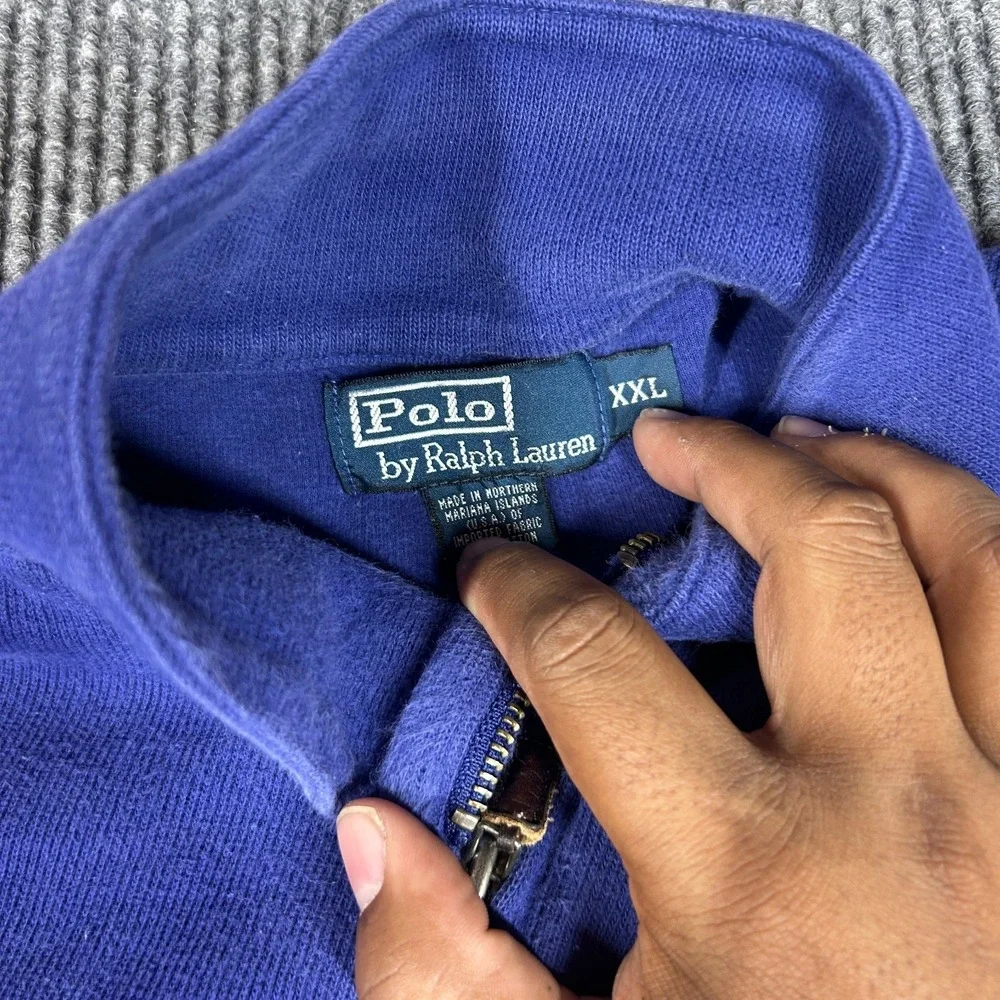 Vintage Polo Ralph Lauren Sweater Mens 2XL Blue Tight Knit Mock Neck Quarter Zip
